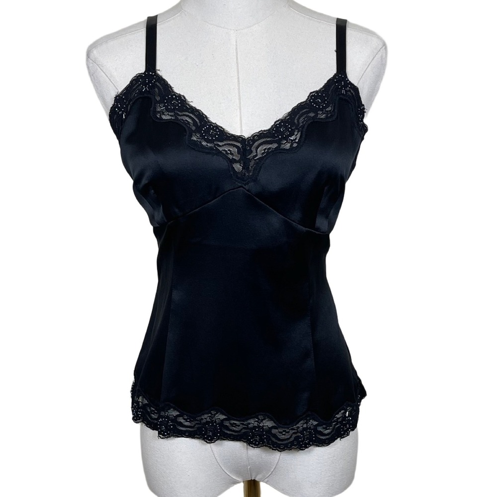 Vintage Context Silk Lace Beaded Babydoll Cami Women 10P Black Top Y2K Gothic